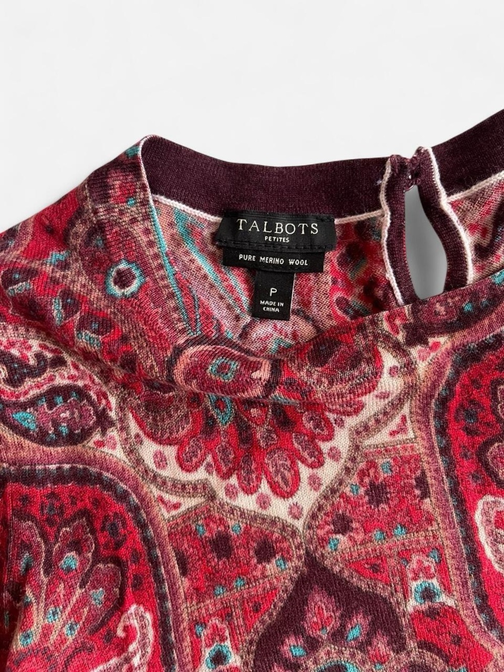 Talbots Petites Red Paisley Pure Merino Wool Lightweight Sweater - Picture 2 of 7
